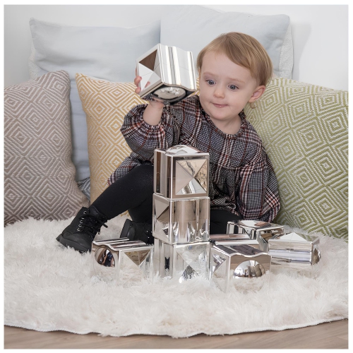 TTS 12-Piece Metallic Distorting Mirror Effect Building Stacking Activity Cubes Sensory Playset Toys, Educational Teaching Learning Classroom