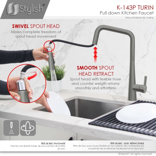 OPEN BOX A - Single Handle Pull Down Kitchen Faucet, Gunmetal Finish K-143P