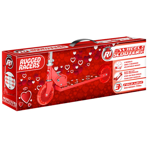 Rugged Racers 2-Wheeled Kick Scooter with LED Lights - Red Heart Print