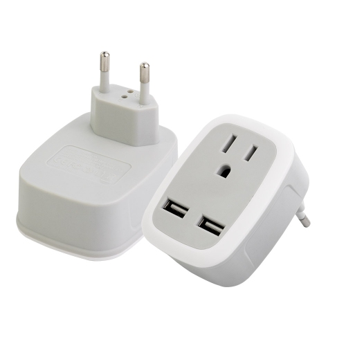 (2 Pack) 3-in-1 European Travel Power Plug Adapter, International Adapter Wall Charger with 1 American Socket and 2 USB Ports, Suitable for US Canada