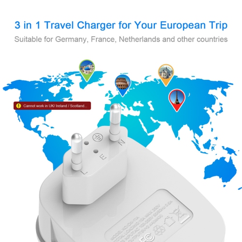 (2 Pack) 3-in-1 European Travel Power Plug Adapter, International Adapter Wall Charger with 1 American Socket and 2 USB Ports, Suitable for US Canada