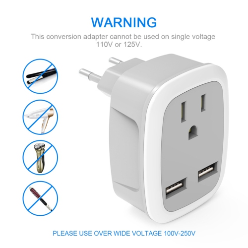 (2 Pack) 3-in-1 European Travel Power Plug Adapter, International Adapter Wall Charger with 1 American Socket and 2 USB Ports, Suitable for US Canada