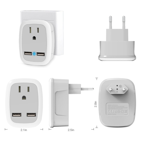 (2 Pack) 3-in-1 European Travel Power Plug Adapter, International Adapter Wall Charger with 1 American Socket and 2 USB Ports, Suitable for US Canada