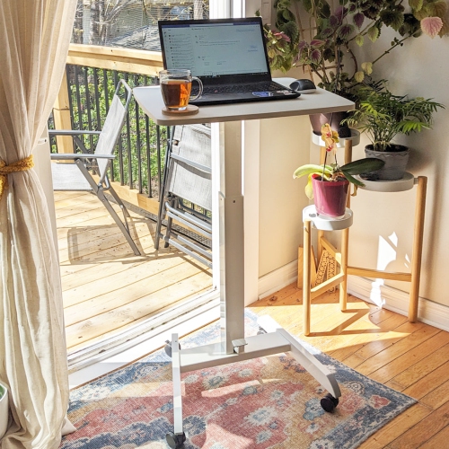 Desky Zero Pedestal Sit-Stand Desk – White, 23.6" × 20.5", Gas Spring Lift 29.5"–44.1", Mobile Casters