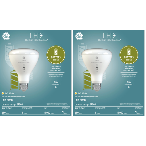 GE  Lighting Led+ Battery Backup Soft 65W Replacement Led Indoor Floodlight Br30 Light Bulb (Includes Two Single Packas) In White [This review was collected as part of a promotion