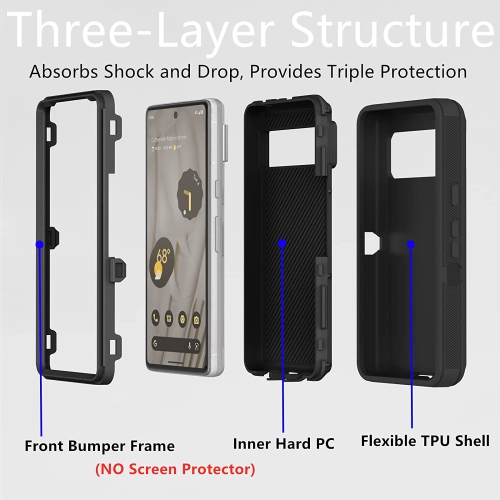 【CSmart】 Anti-Drop Triple 3 Layers Shockproof Heavy Duty Defender Hard Case for Google Pixel 7A, Black