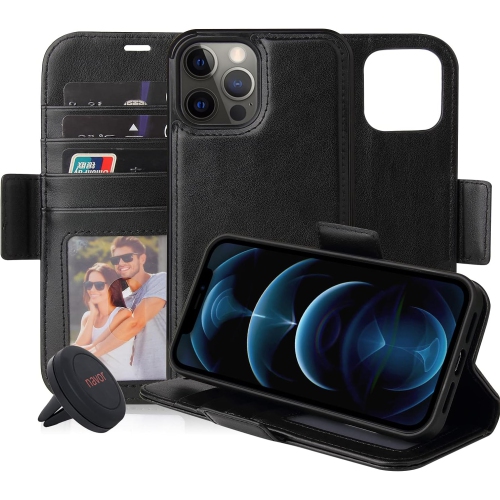 Navor Universal Car Mount & Detachable Magnetic Wallet Case with RFID Protection Compatible for iPhone 12 Pro Max [6.7 inch] [Vajio Series] - Black