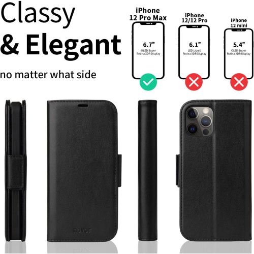 Navor Universal Car Mount & Detachable Magnetic Wallet Case with RFID Protection Compatible for iPhone 12 Pro Max [6.7 inch] [Vajio Series] - Black