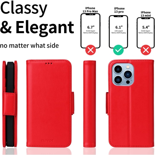 navor Detachable Magnetic Wallet Case Compatible with iPhone 13 Pro [6.1 inch] [Folio], RFID Protection Kickstand -Red