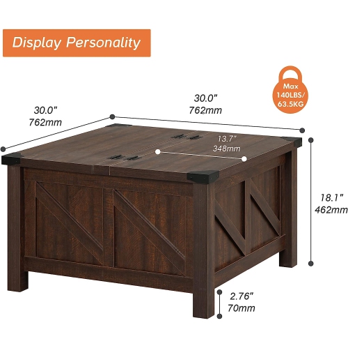 WAMPAT Modern Farmhouse Coffee Table,Square Wood Center Table with Gas Struts Lift-Top for Extra Large Hidden Storage,Metal Bracket