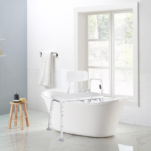 Chaise de douche avec banc de transfert pour salle de bain aînés, tabourets avec baignoire à 5 niveaux à hauteur réglable et accoudoirs amovibles.