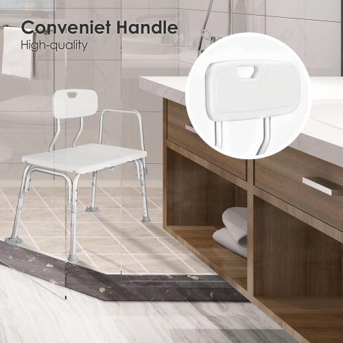 Chaise de douche avec banc de transfert pour salle de bain aînés, tabourets avec baignoire à 5 niveaux à hauteur réglable et accoudoirs amovibles.