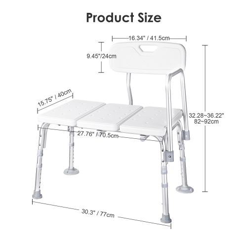Chaise de douche avec banc de transfert pour salle de bain aînés, tabourets avec baignoire à 5 niveaux à hauteur réglable et accoudoirs amovibles.