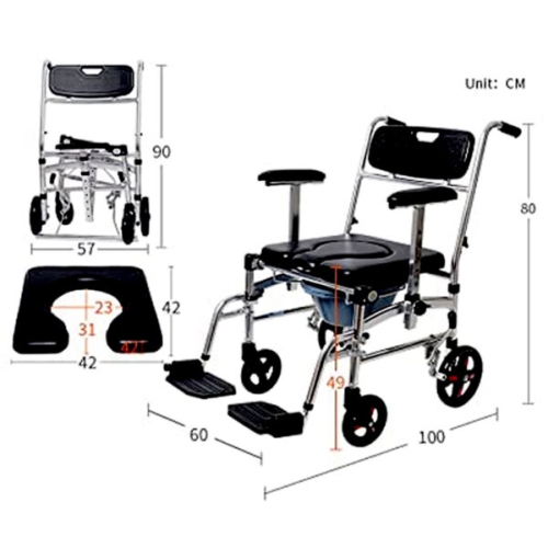 Commode Shower Chair, Transport chair, Bedside toilet chair, Wheelchair 4 in 1 Padded Toilet Seat, with 4 Brakes, Removable Pedal, Adjustable armrest