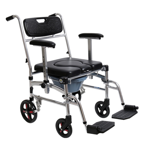 Commode Shower Chair, Transport chair, Bedside toilet chair, Wheelchair 4 in 1 Padded Toilet Seat, with 4 Brakes, Removable Pedal, Adjustable armrest