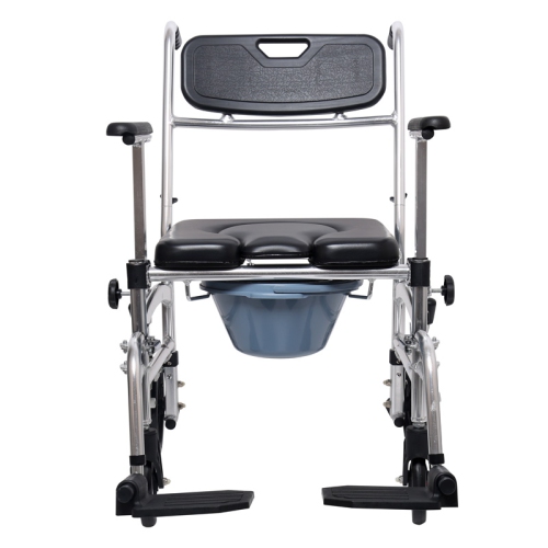 Commode Shower Chair, Transport chair, Bedside toilet chair, Wheelchair 4 in 1 Padded Toilet Seat, with 4 Brakes, Removable Pedal, Adjustable armrest