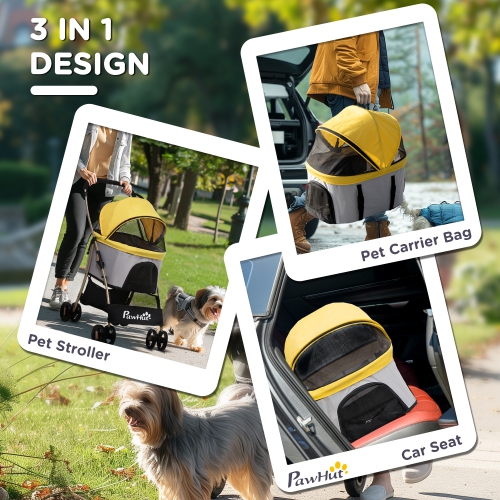PawHut 4 Wheels Pet Stroller, 3 in 1 Dog Cat Travel Folding Carrier, for Small Dogs, Detachable, w/ Brake, Canopy, Basket, Storage Bag - Yellow