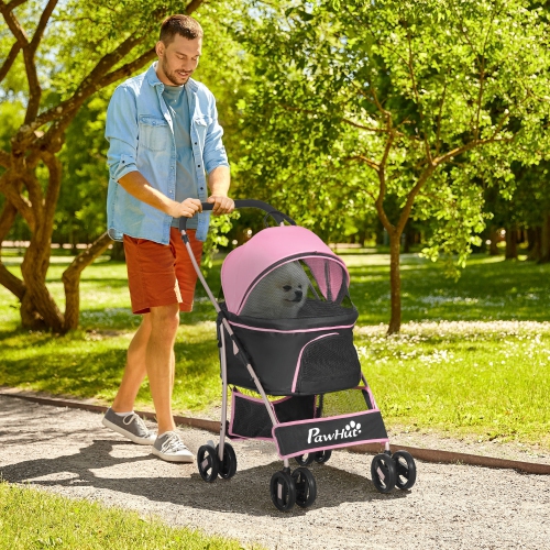 PawHut 4 Wheels Pet Stroller, 3 in 1 Dog Cat Travel Folding Carrier, for Small Dogs, Detachable, w/ Brake, Canopy, Basket, Storage Bag - Pink