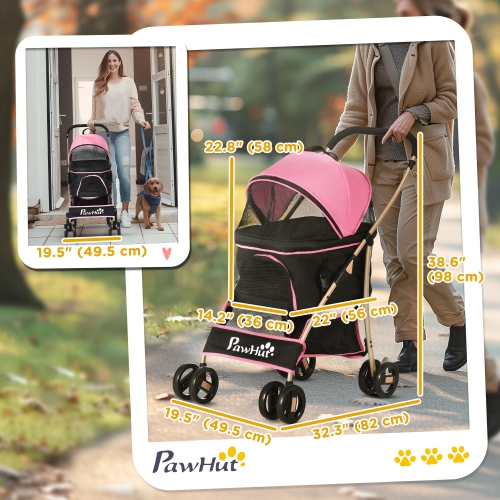 PawHut 4 Wheels Pet Stroller, 3 in 1 Dog Cat Travel Folding Carrier, for Small Dogs, Detachable, w/ Brake, Canopy, Basket, Storage Bag - Pink
