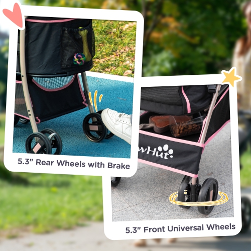 PawHut 4 Wheels Pet Stroller, 3 in 1 Dog Cat Travel Folding Carrier, for Small Dogs, Detachable, w/ Brake, Canopy, Basket, Storage Bag - Pink