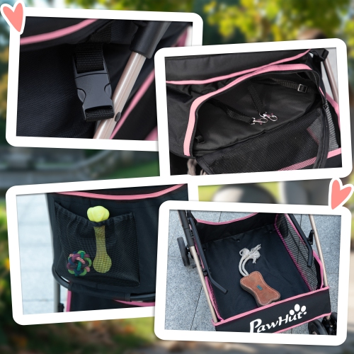 PawHut 4 Wheels Pet Stroller, 3 in 1 Dog Cat Travel Folding Carrier, for Small Dogs, Detachable, w/ Brake, Canopy, Basket, Storage Bag - Pink