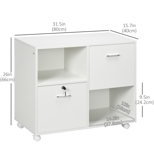 Vinsetto Lateral Filing Cabinet with Drawers and Lock, File Cabinet, Mobile Printer Stand with Open Shelves and Wheels for Letter and A4 Size