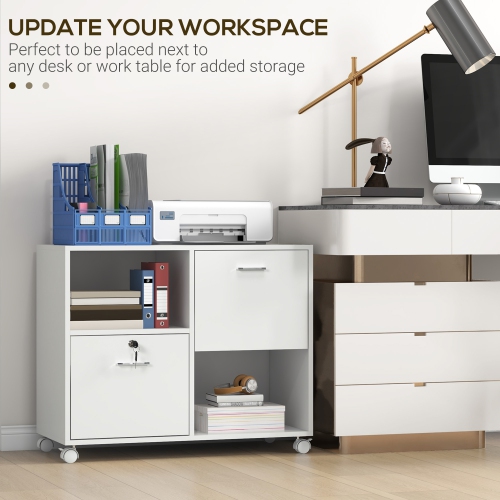 Vinsetto Lateral Filing Cabinet with Drawers and Lock, File Cabinet, Mobile Printer Stand with Open Shelves and Wheels for Letter and A4 Size