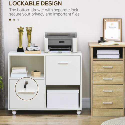 Vinsetto Lateral Filing Cabinet with Drawers and Lock, File Cabinet, Mobile Printer Stand with Open Shelves and Wheels for Letter and A4 Size