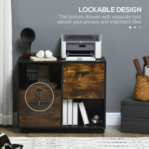 Vinsetto Lateral Filing Cabinet with Drawers and Lock, File Cabinet, Mobile Printer Stand with Open Shelves and Wheels for Letter and A4 Size