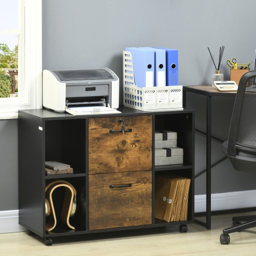 Vinsetto Lateral Filing Cabinet with Wheels and Lockable Drawer, File Cabinet, Mobile Printer Stand with Open Shelves for Letter and A4 Size