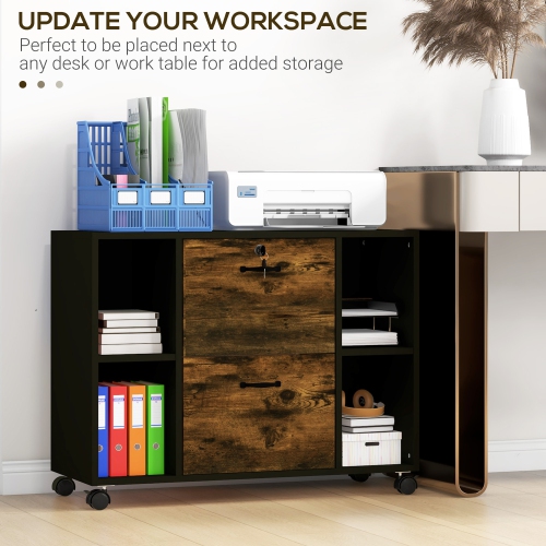 Vinsetto Lateral Filing Cabinet with Wheels and Lockable Drawer, File Cabinet, Mobile Printer Stand with Open Shelves for Letter and A4 Size