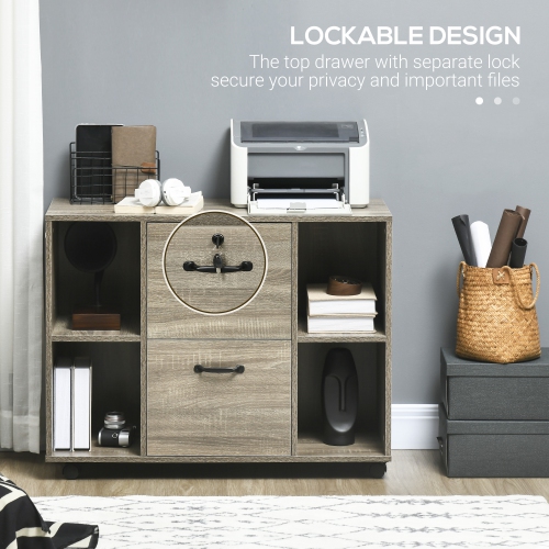 Vinsetto Lateral Filing Cabinet with Wheels and Lockable Drawer, File Cabinet, Mobile Printer Stand with Open Shelves for Letter and A4 Size