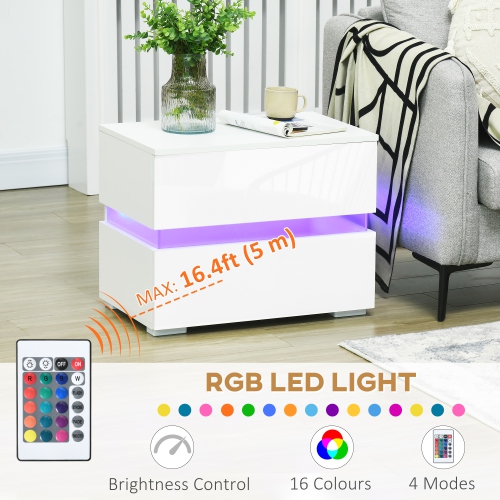 HOMCOM LED Nightstand with 2 Drawers, Bedroom Bedside Table with 16 Colour, 4 Modes and Adjustable Brightness RGB LED Lights, White
