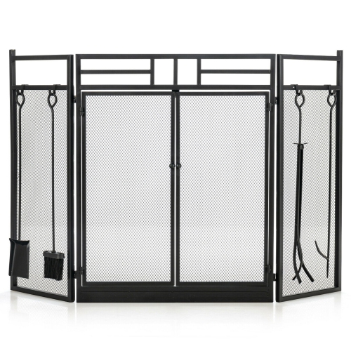 GYMAX  3-Panel Folding Wrought Iron Fireplace Screen W/ Doors & 4 Pieces Tools Set