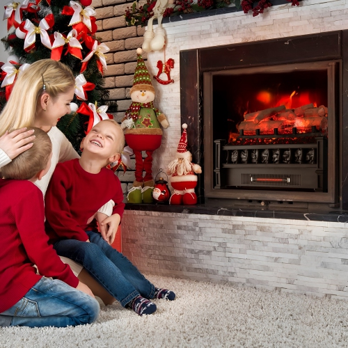 Gymax 20'' Infrared Quartz Electric Fireplace Heater W/ Birchwood Ember Bed Thermostat