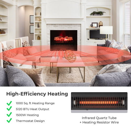 Gymax 20'' Infrared Quartz Electric Fireplace Heater W/ Birchwood Ember Bed Thermostat