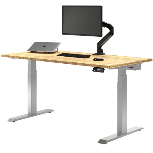 Desky Dual Bamboo Sit Stand Desk - Bamboo / Grey Standing Computer Desk ...