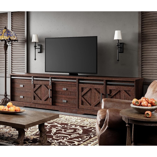 WAMPAT Modern Farmhouse TV Stand for up to 110" TVs Wood Entertainment Center Cabinet with Drawers and Adjustable Shelf for Living Room, Rustic Brown