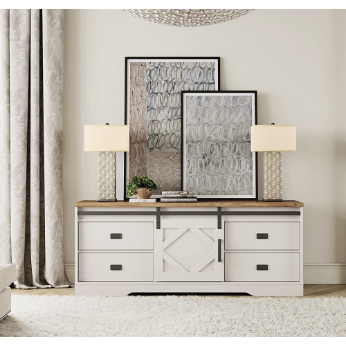 WAMPAT Modern Farmhouse TV Stand for up to 65" TVs Wood Entertainment Center with Drawers and Adjustable Shelf for Living Room,Cream White