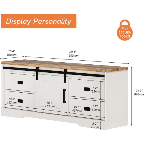 WAMPAT Modern Farmhouse TV Stand for up to 65" TVs Wood Entertainment Center with Drawers and Adjustable Shelf for Living Room,Cream White