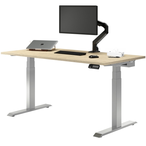 Desky Dual Laminate Sit Stand Desk - Classic Oak / Grey Standing Computer Desk For Home Office & Study 59.1" x 29.5"