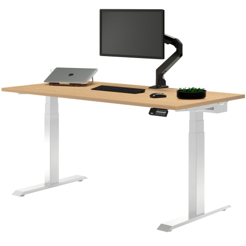 Desky Dual Laminate Sit Stand Desk - Select Beach / White Standing Computer Desk For Home Office & Study 59.1 x 29.5 inches