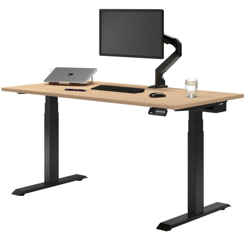 Bureau assis/debout double stratifié de Desky - Teck Sublime/Bureau d’ordinateur debout noir mat pour le bureau à domicile et l’étude 47,2 x 29,5 po