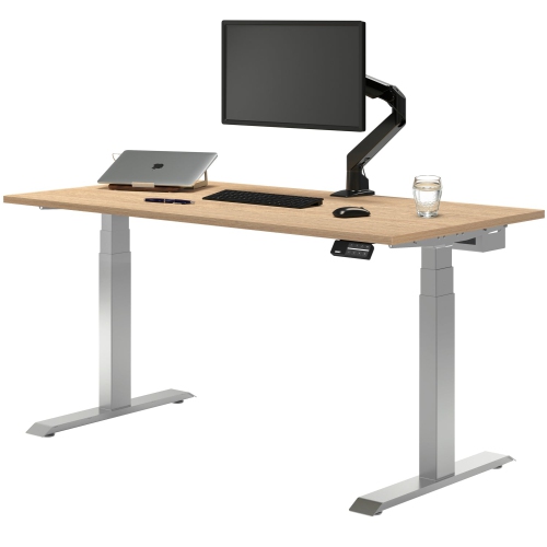 Desky Dual Laminate Sit Stand Desk - Sublime Teak / Grey Standing Computer Desk For Home Office & Study 70.9" x 29.5"