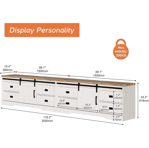 WAMPAT Modern Farmhouse 2 in 1 TV Stand for up to 110" TVs Wood Entertainment Center with Drawers and Adjustable Shelf for Living Room, Cream White