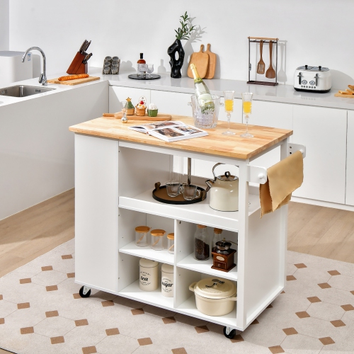 Costway Kitchen Island Trolley Cart on Wheels with Storage Open Shelves & Drawer