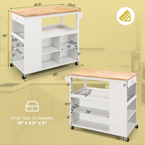 Costway Kitchen Island Trolley Cart on Wheels with Storage Open Shelves & Drawer