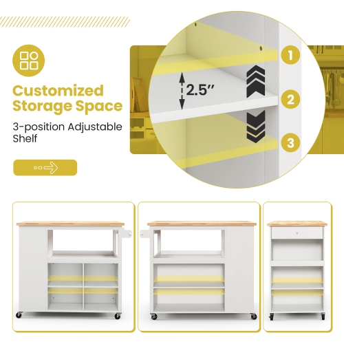 Costway Kitchen Island Trolley Cart on Wheels with Storage Open Shelves & Drawer