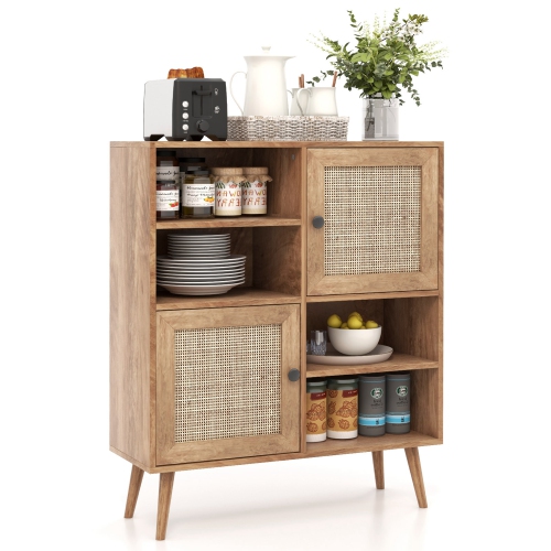 COSTWAY  Rattan Buffet Sideboard Accent Storage Cabinet Coffee Bar Cabinet Doors Cubbies