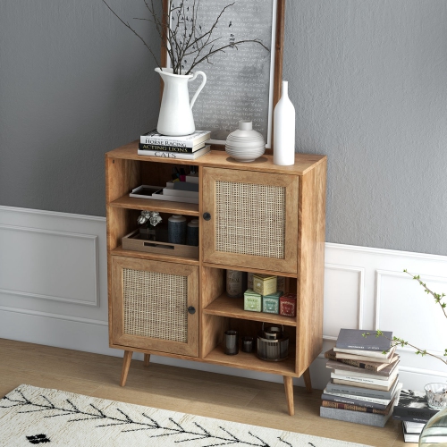 Costway Rattan Buffet Sideboard Accent Storage Cabinet Coffee Bar Cabinet Doors Cubbies